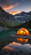 © aiximagination - Glowing Camping Tent at Twilight Beside Remote Mountain Lake in Peaceful Wilderness Landscape with Soft Reflections and Outdoor Adventure Atmosphere