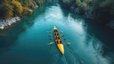 Team of rowers in a yellow boat gliding along a tranquil river surrounded by lush green trees and bright blue water