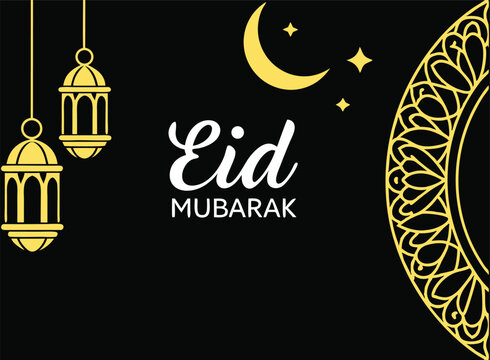 Islamic Eid Mubarak celebration design with golden lanterns and moon symbol