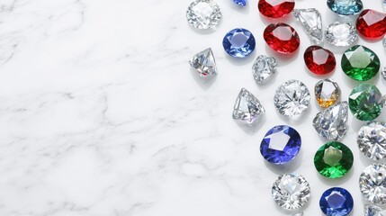 Poster - Brilliantly cut diamonds, sapphires, and emeralds scattered on a white marble background