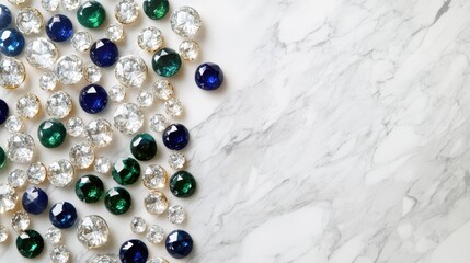 Poster - Brilliantly cut diamonds, sapphires, and emeralds scattered on a white marble background