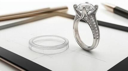 Poster - Digital tablet displaying a ring sketch with layers and dimensions for custom design