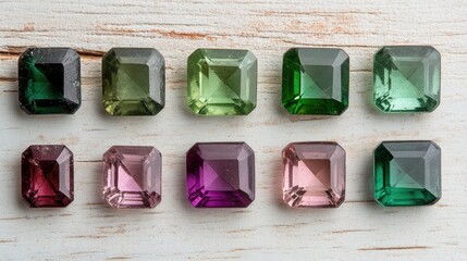 Poster - Emerald-cut polished gemstones arranged symmetrically on light-colored wooden table
