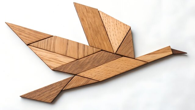 wooden tangram shaped like a bird with long tail with copy space.