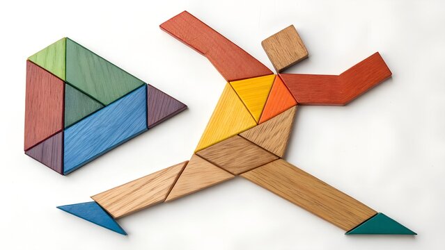 abstract of a dancing, running or walking figure built from seven tangram wooden pieces, a traditional Chinese puzzle game; slate rock background background, the artwork copyright by the photographer
