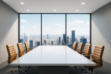 Poster - Modern business meeting room with leather chairs, white table, and panoramic cityscape background viewed through large glass windows in daylight.