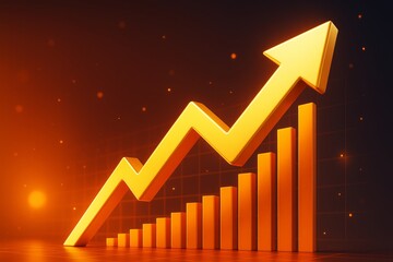 Poster - Bright yellow upward arrow and bar chart symbolizing business growth and success on glowing abstract orange background with light particles.