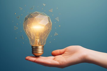 Poster - Geometric glowing light bulb floating above open hand symbolizing innovation and creative thinking on blue background, business concept.
