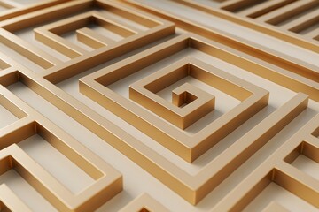 Poster - Abstract geometric gold maze pattern in 3D style on light background symbolizing business complexity and creative problem-solving concept.