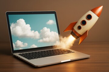 Poster - Cartoon rocket launching from laptop screen with cloud background on wooden desk, symbolizing startup and innovation concept in business light.