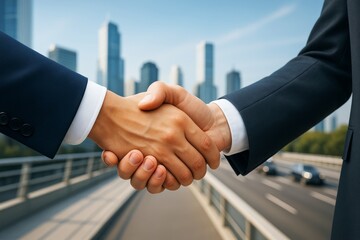 Poster - Two businessmen shaking hands on a city bridge with tall buildings in the background under a clear blue sky, symbolizing partnership and success.