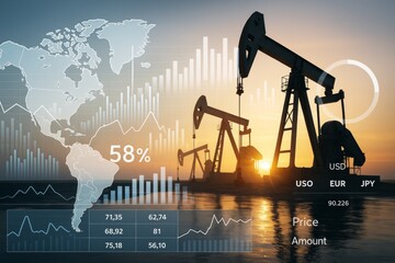 Poster - Oil pump jacks at sunset with financial graphs and world map overlay illustrating global energy market analytics and business background concepts.