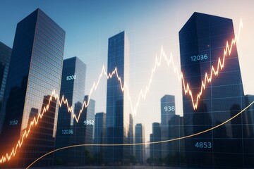 Poster - Business skyline with financial growth chart overlay and glowing light lines on modern city background at sunrise. Ai generative.