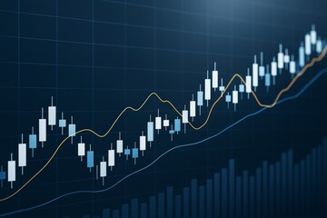 Poster - Financial candlestick chart with moving averages and bar graph on dark blue background, illustrating business growth and investment concept.