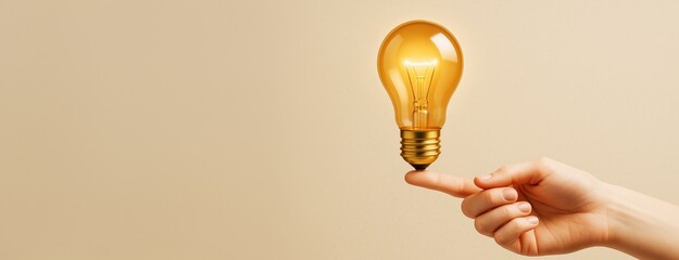 Poster - Hand balancing glowing light bulb on fingertip with beige background, symbolizing creative business idea and innovation concept. Ai generative.