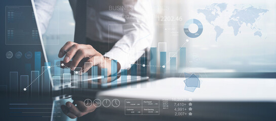 Poster - Businessman using KPI dashboard. Business data analytics with financial graph report, market research, business planning, strategy and solution, finance and investment