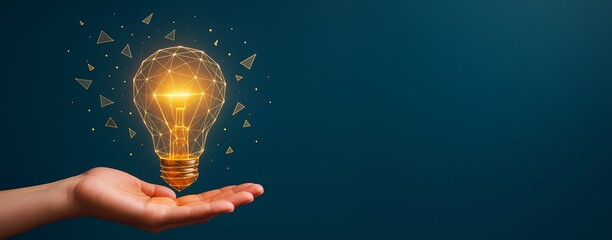 Poster - Glowing geometric light bulb in hand on dark background with copy space, symbolizing creativity, innovation, and business concept template.