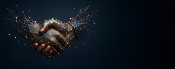 Aufkleber - Futuristic digital handshake concept with polygonal mesh design on dark background for business promotion or technology partnership banner template.