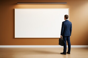 Aufkleber - Businessman in formal suit standing in front of large blank poster on wall in office interior with wooden floor and soft lighting setup.