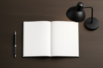 Poster - Open blank notebook with black pen and desk lamp on dark wooden surface, minimalist workspace scene from top view, ideal for business design concepts.