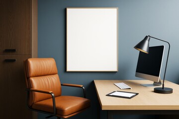 Poster - Modern office workspace with blank poster frame on wall next to desk with computer, lamp, and leather chair in clean minimalist design style.