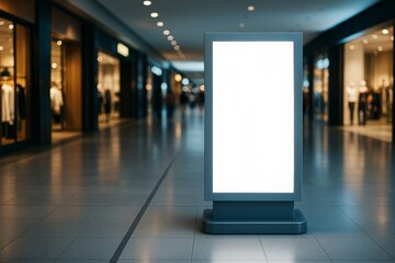 Aufkleber - Blank advertising display board standing in modern shopping mall corridor with blurred stores in background at night time, ideal for business promotions.