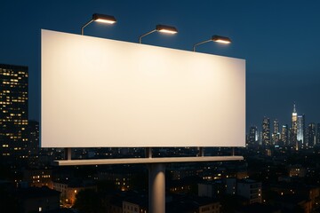 Aufkleber - Blank illuminated billboard with city skyline background at night, perfect for advertising, branding, poster or design mockup template use.