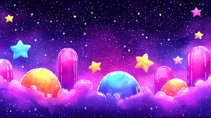 Wall Mural - colorful cosmic landscape with vibrant planets, stars, and dreamy atmosphere filled with clouds and 