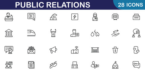 Poster - Public relations web icons in line style. Containing design business, public relations, management, social media, news, corporate and process icons. Vector illustration.