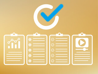 Poster - Project Completion and Task Achievement Icon Illustration Presenting Charts, Lists, and Video Goals for Successful Business Workflow