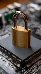 Poster - Lock on a computer chip illustrating data protection and cybersecurity concerns in a technological environment