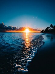 Wall Mural - Ocean Sunset Shore - Vibrant sunset over calm ocean waves lapping a tranquil shore, palm trees silhouetted against the fiery sky