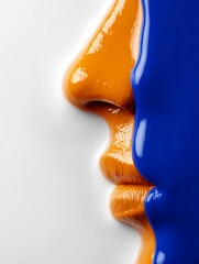 Poster - Abstract Paint Portrait Profile - A profile view of a face, half painted orange, half blue. Symbolizing duality, contrast, identity, transformation, and art