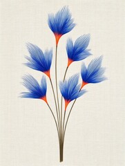 Poster - Blue Flower Bouquet Illustration - A stylized illustration of a bouquet of blue flowers with orange centers against a light beige background