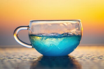 Poster - A clear glass cup filled with blue liquid, possibly tea or water, sitting on a reflective surface, possibly ice, during sunrise.