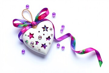 Poster - Heart-shaped decoration with stars and beads, wrapped in colorful ribbon.