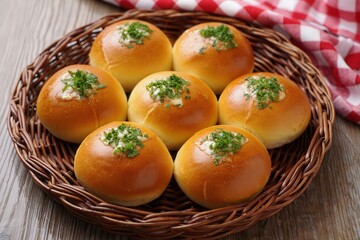 Poster - Bread rolls in a basket, topped with green herbs.