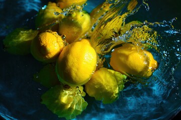 Aufkleber - Lemons in water, splashing around, bright yellow, fresh.