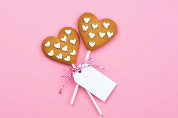 Poster - Two heart-shaped cookies on sticks, one wrapped in white paper with pink ribbon.