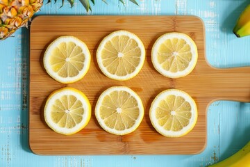 Poster - A wooden cutting board with six lemon wedges on it, placed against a blue background with tropical fruit.