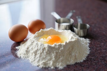 Poster - Eggs in bowl of flour on countertop.