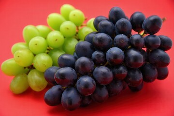 Poster - Grapes in bunches on red surface.