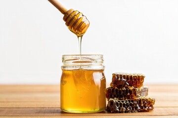 Aufkleber - A glass jar filled with honey, with a bee on the lid, sitting on a wooden surface.