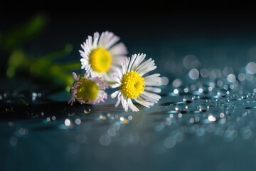 Aufkleber - Dandelions in the rain on a dark surface, their yellow heads contrasting with the droplets around them.