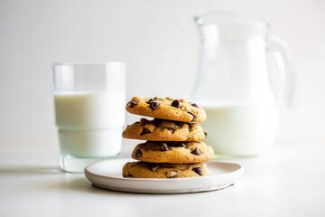 Poster - A stack of chocolate chip cookies on a plate next to a glass of milk.