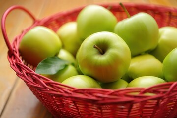 Aufkleber - A red basket filled with green apples.