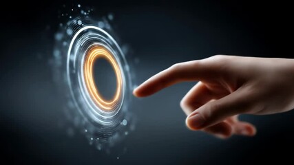 Poster - Woman's hand presses on glowing digital sphere with radiating circles, representing connection or activation, for innovative technology concept and future interaction footage.