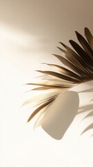Poster - close-up of a dried palm leaf against a light background. surface leaf has a golden hue and casts a soft shadow on the The