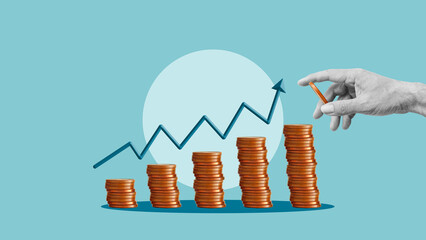 Poster - Business profit growth and sales growth margin revenue. Hand putting golden coins to piles of coins