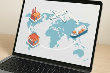 Poster - Global Commerce and Logistics Concept on Laptop Screen Featuring Airplane and Cargo Ship